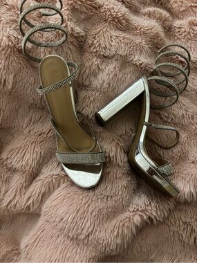 Metallic Silver Strappy High-Heel Sandals with Wrap-Around Ankle Straps